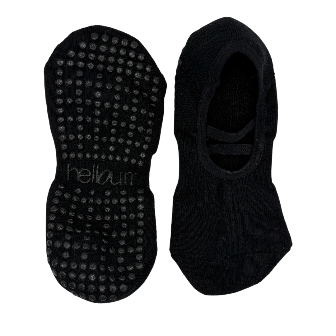 top and bottom view of 'hellourr' black ballet grip socks