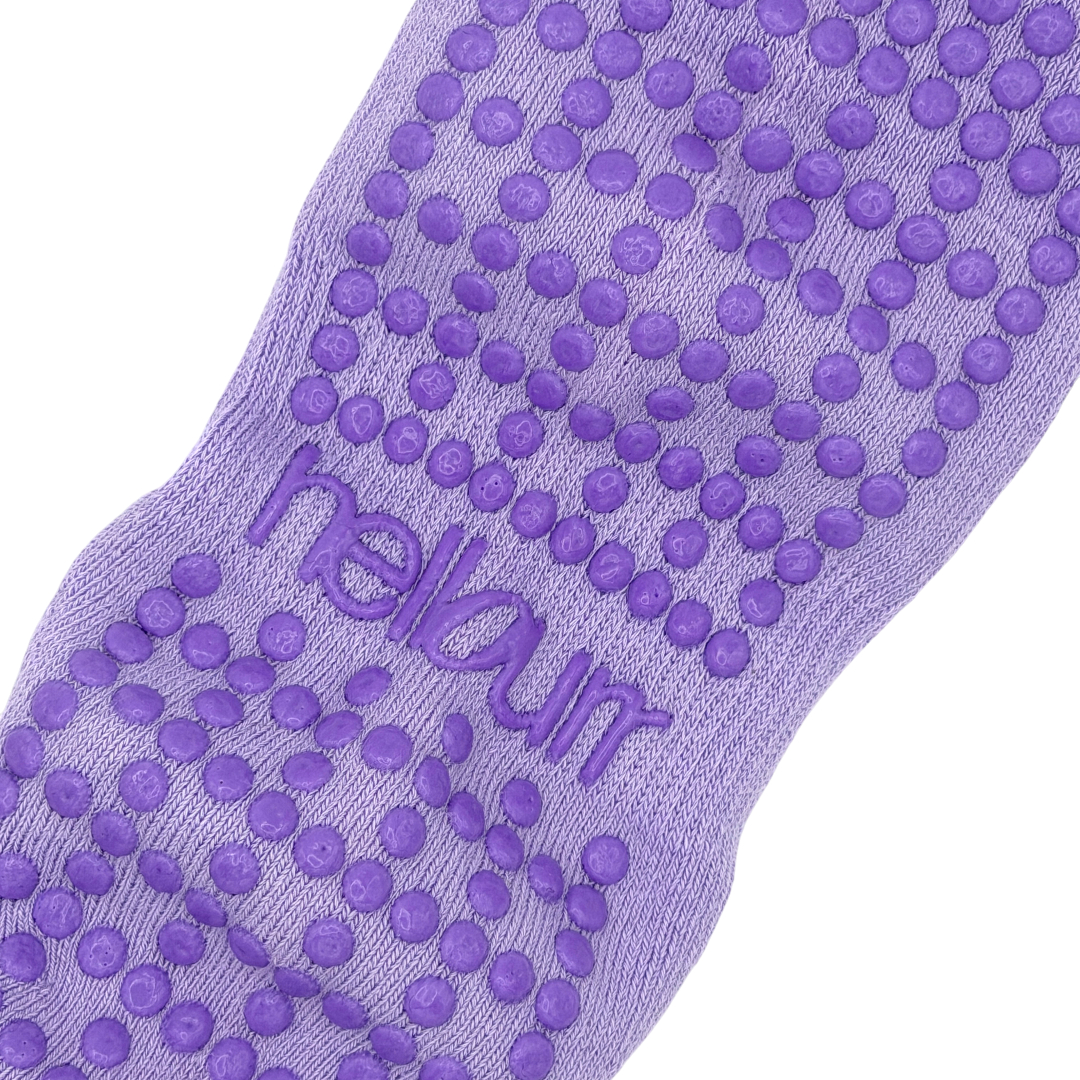 Close up of purple custom grip with 'hellourr' branding 