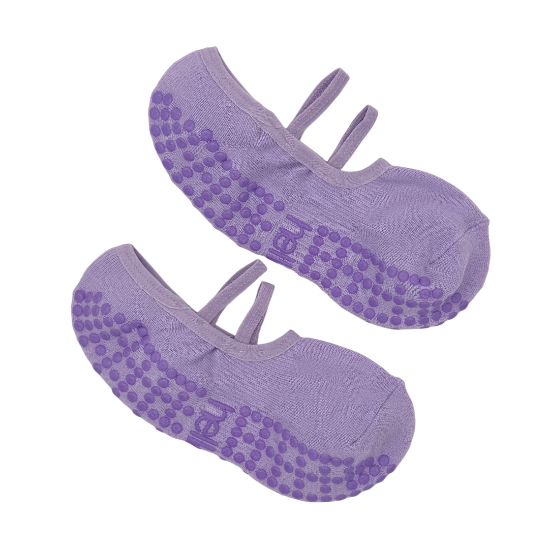 pair of purple ballet socks lay flat