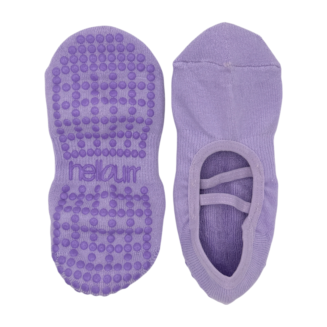 top and bottom view of purple 'hellourr' ballet socks