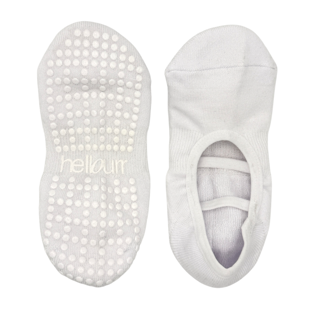 top and bottom view of white 'hellourr' ballet grip socks