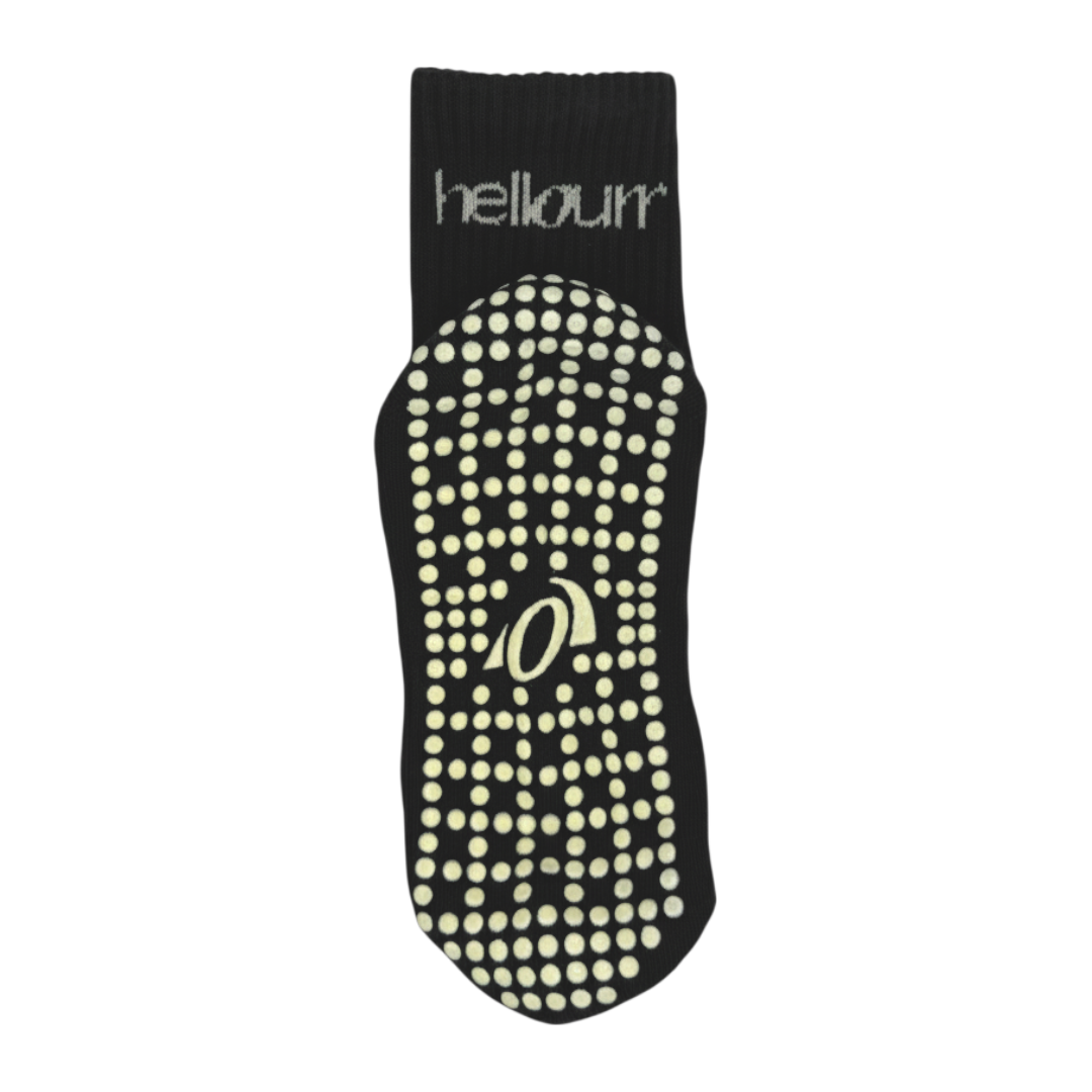 view of black grip sock highlight full grip bottom and 'hellourr' branding