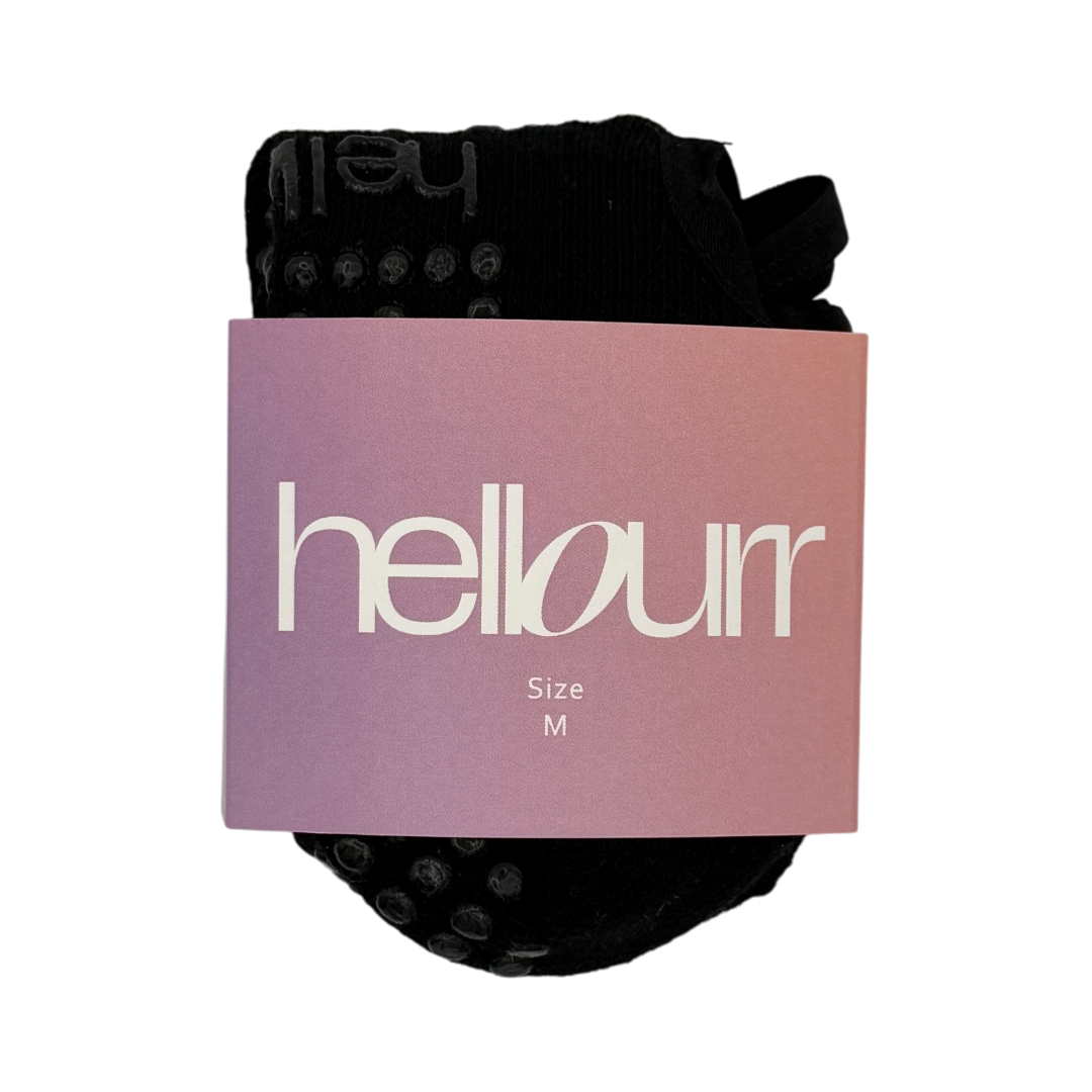 Black ballet grip socks in 'hellourr' packaging