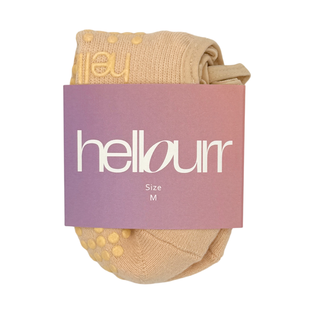 peach ballet socks with a 'hellourr' packaging