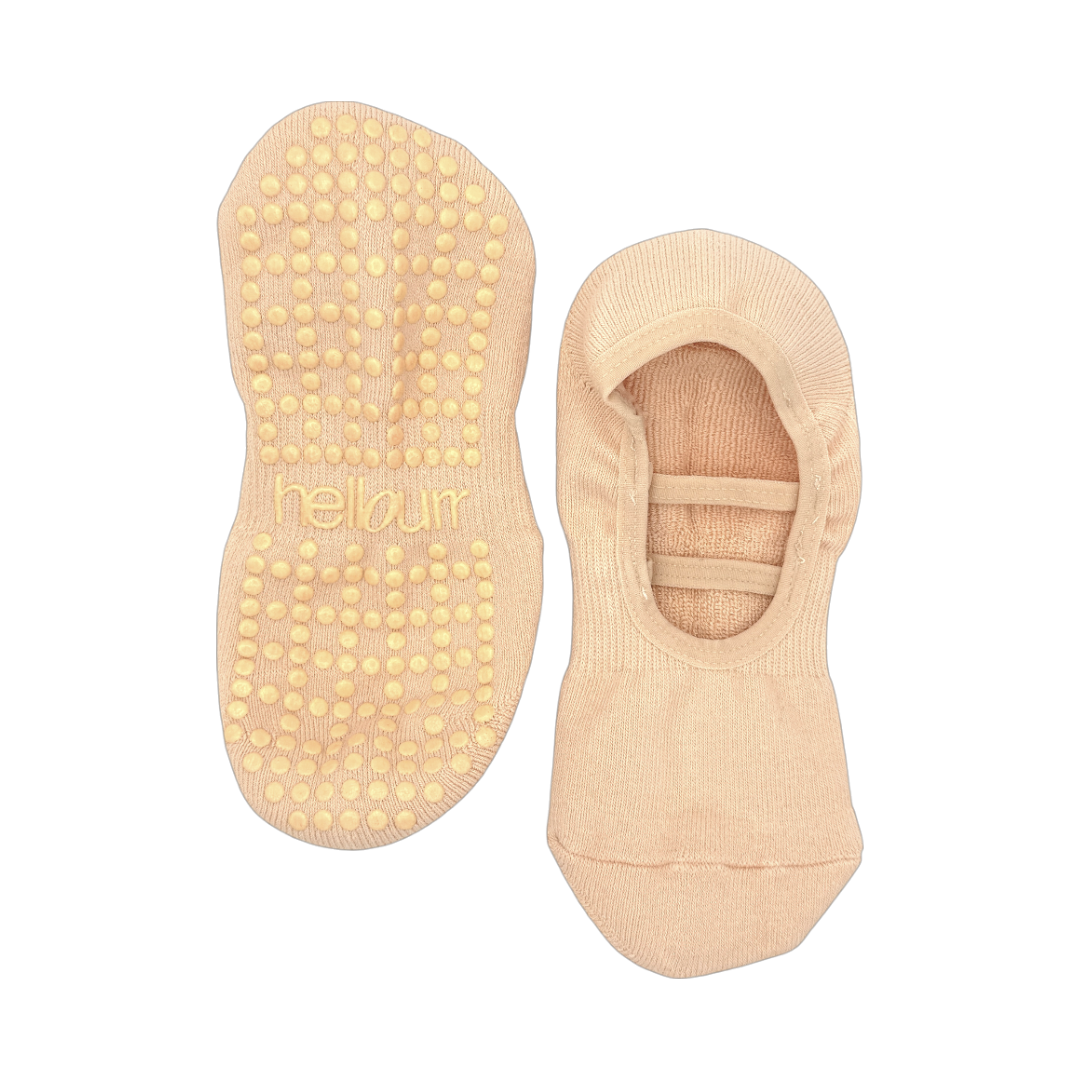 top and bottom view of 'hellourr' peach ballet socks