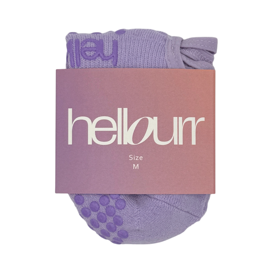 Purple ballet socks with a 'hellourr' packaging