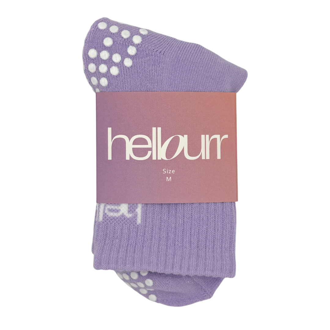 Purple socks with white grip in 'hellour' branded packaging