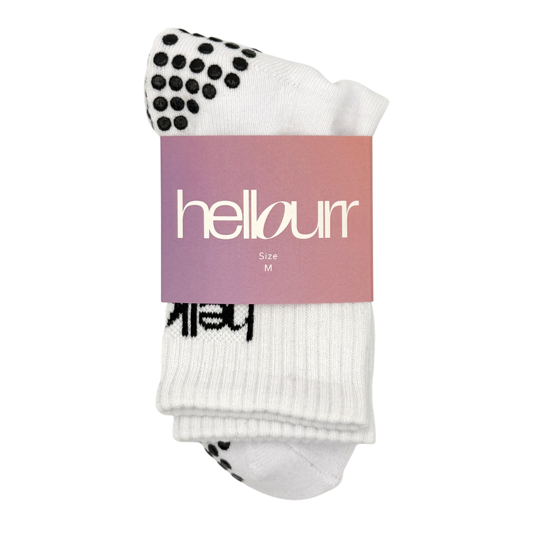 white black midcrew pilates grip socks in 'hellourr' packaging