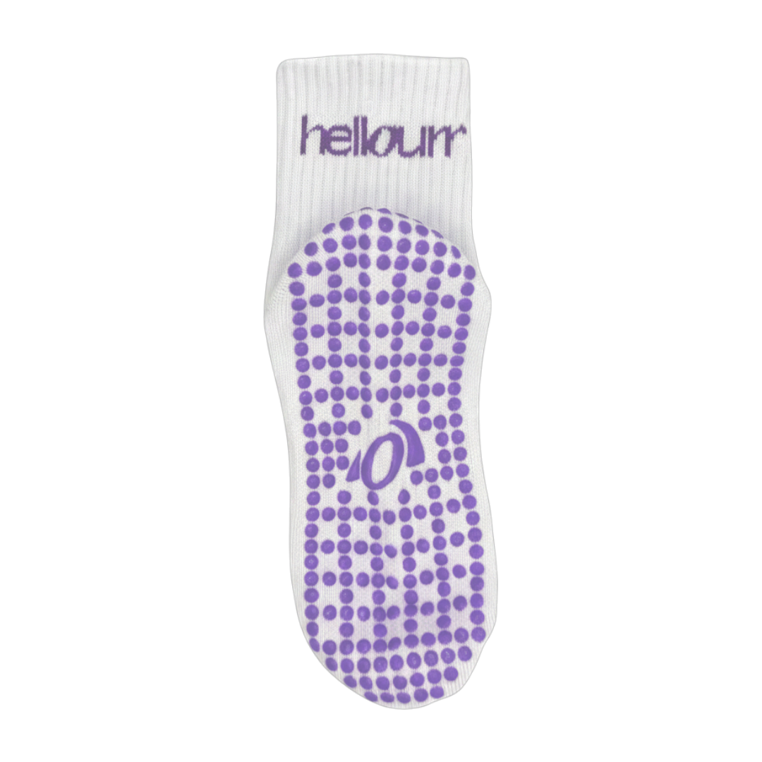 full view of purple custom grip pattern and 'hellourr' branding on midcrew sock
